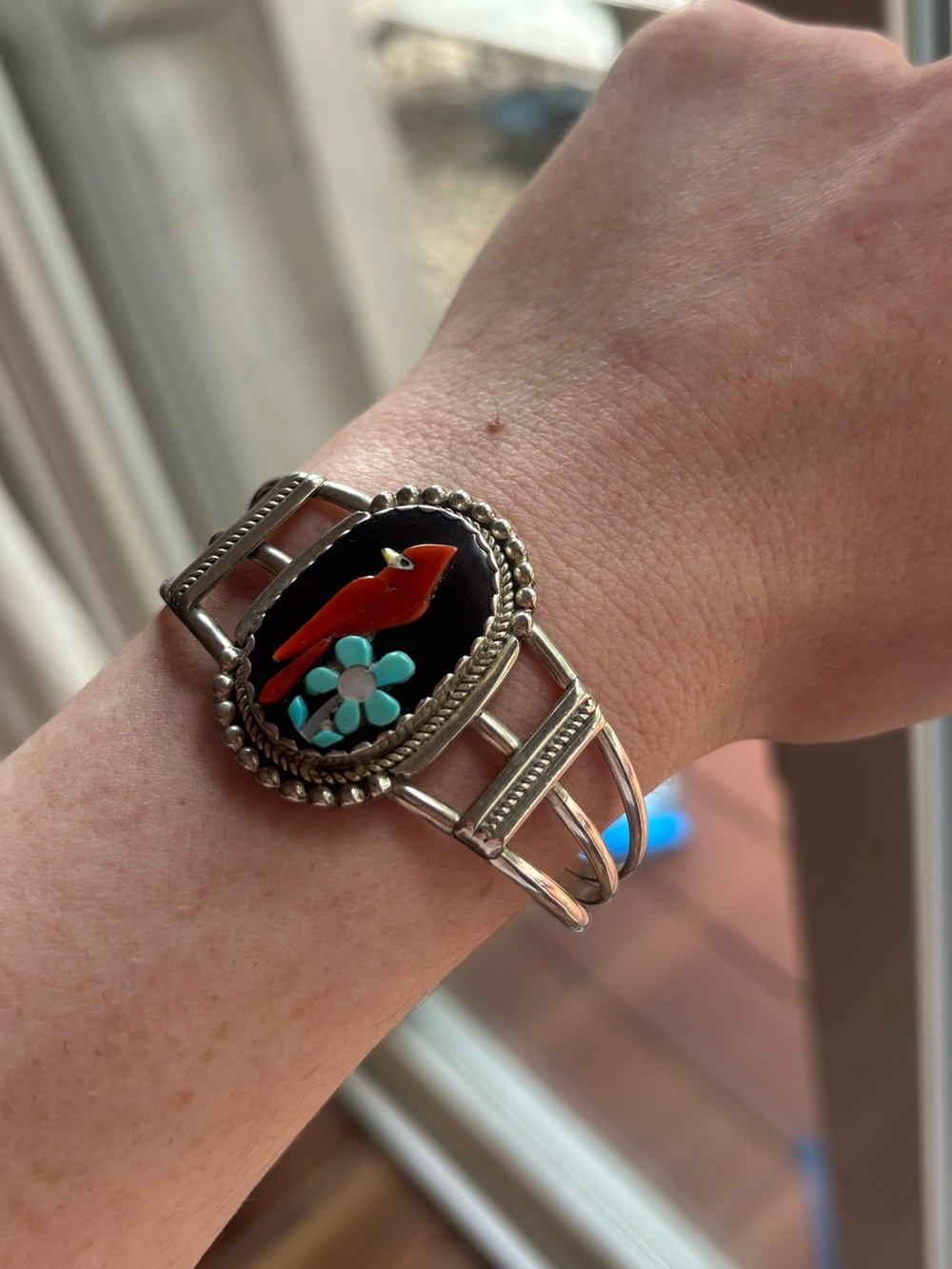 Vintage Zuni Sterling Silver Inlay Cardinal Cuff Bracelet Signed KC NM Turquoise - Picture 4 of 12